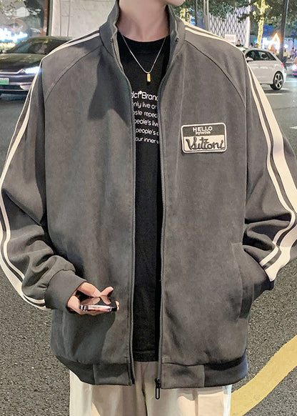 Black New Striped Spring Zip Cotton Up Coat