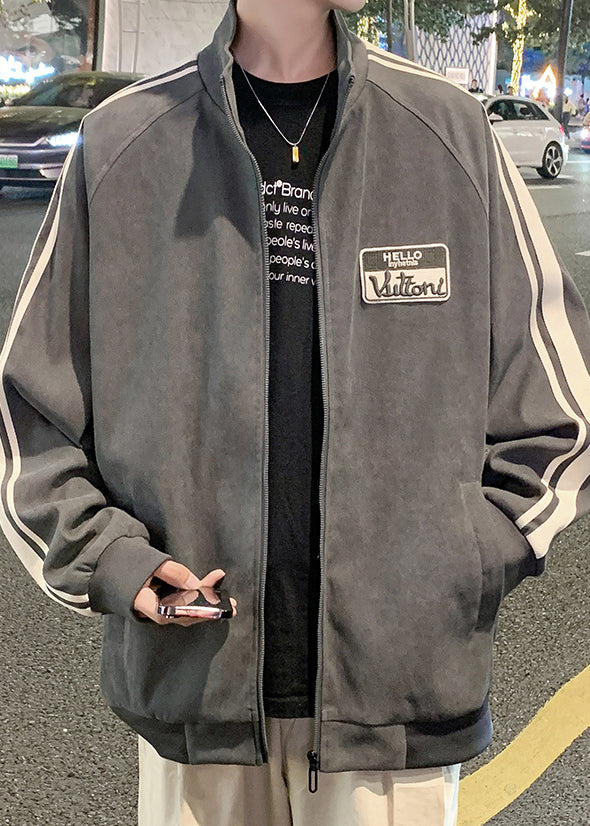 Black New Striped Spring Zip Cotton Up Coat