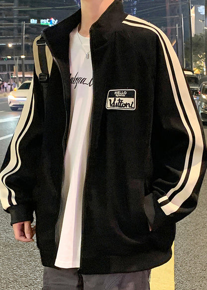 Black New Striped Spring Zip Cotton Up Coat