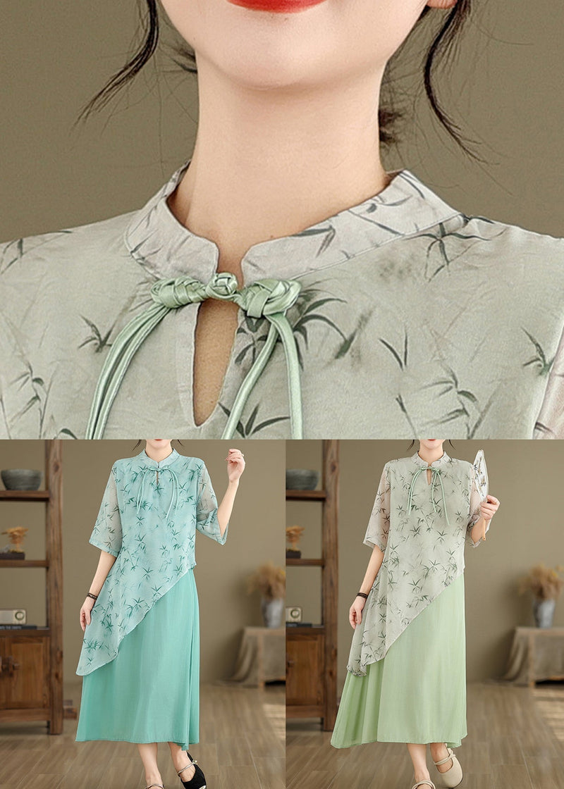 New Blue Asymmetrical Print Cotton Long Dresses Half Sleeve Jh049