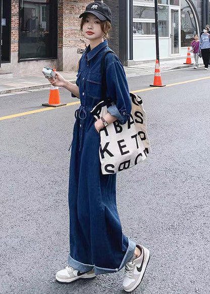 New Blue Button Lace Up Pockets Denim Jumpsuit Long Sleeve Mn046