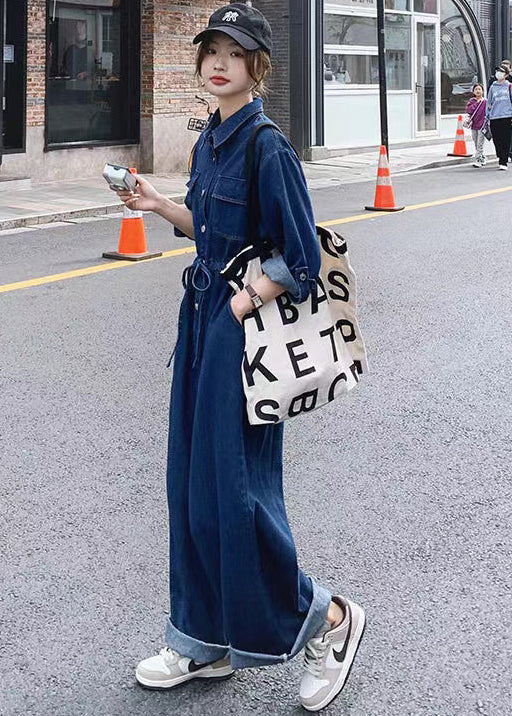 New Blue Button Lace Up Pockets Denim Jumpsuit Long Sleeve Mn046