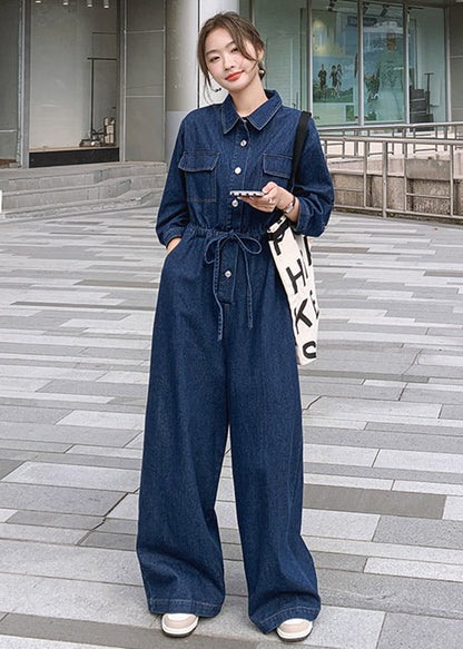 New Blue Button Lace Up Pockets Denim Jumpsuit Long Sleeve Mn046
