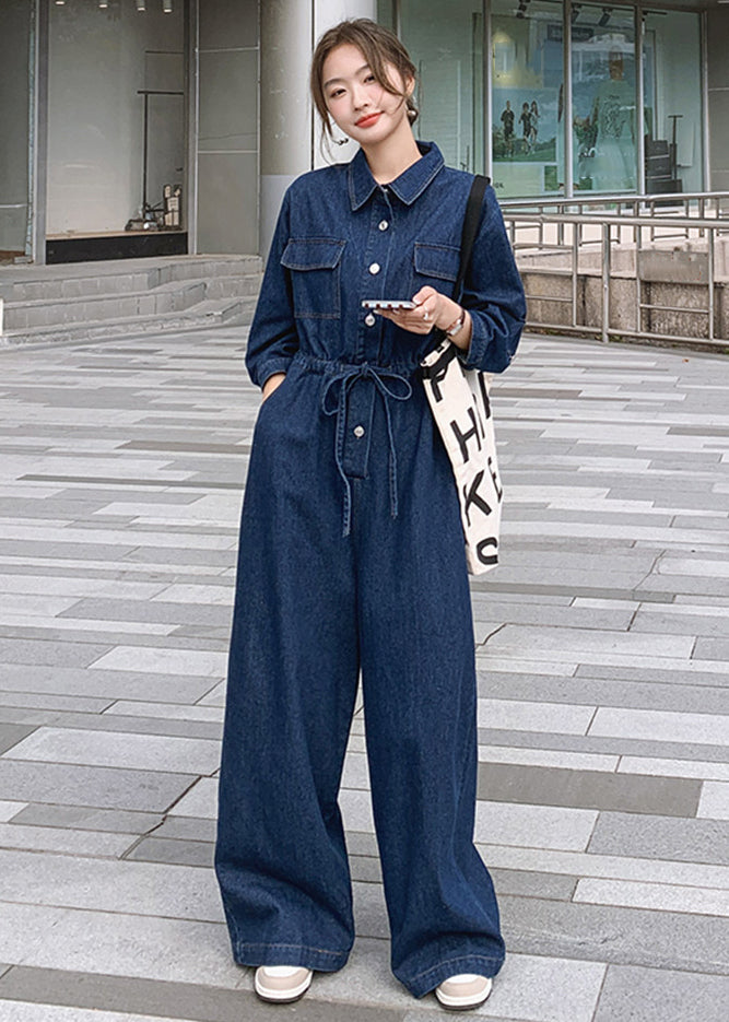 New Blue Button Lace Up Pockets Denim Jumpsuit Long Sleeve Mn046