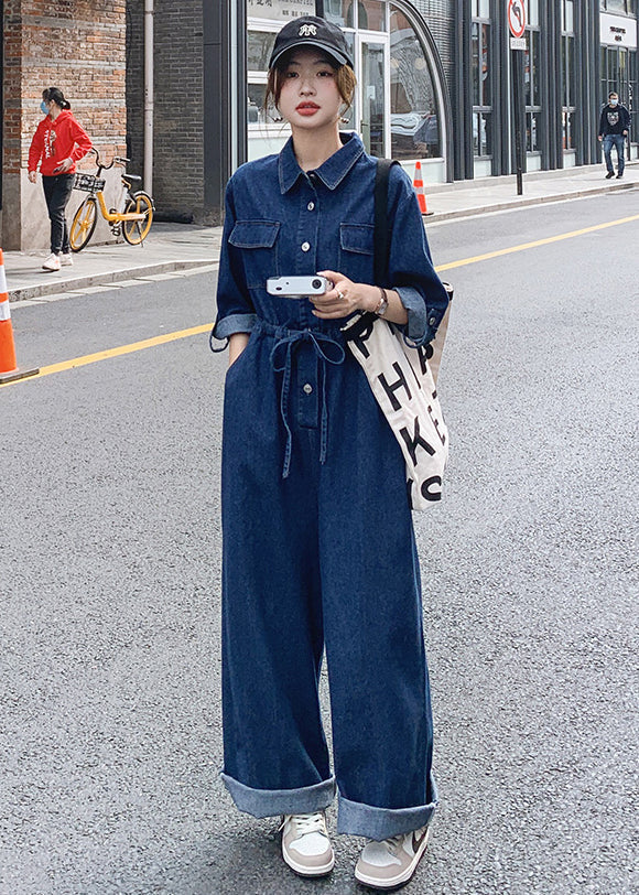 New Blue Button Lace Up Pockets Denim Jumpsuit Long Sleeve Mn046