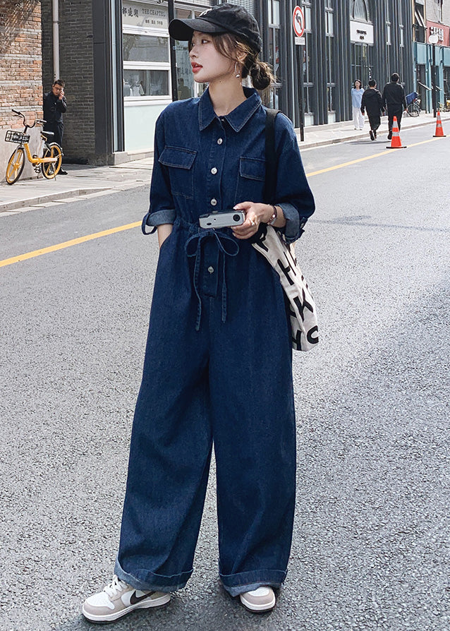 New Blue Button Lace Up Pockets Denim Jumpsuit Long Sleeve Mn046