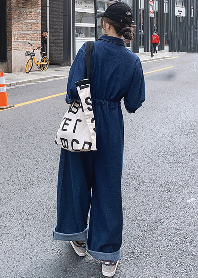 New Blue Button Lace Up Pockets Denim Jumpsuit Long Sleeve Mn046