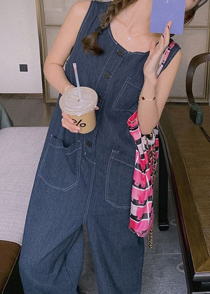 New Blue Button Pockets Denim Jumpsuit Sleeveless Xx029