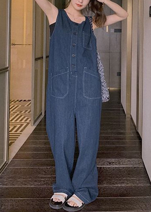 New Blue Button Pockets Denim Jumpsuit Sleeveless Xx029