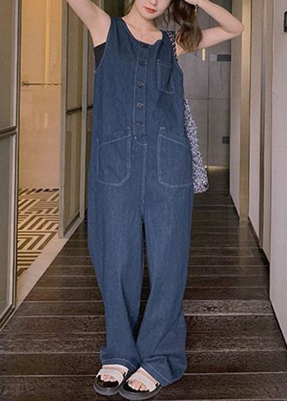 New Blue Button Pockets Denim Jumpsuit Sleeveless Xx029