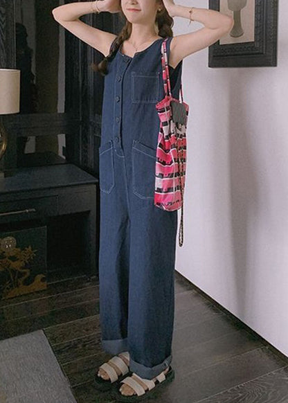 New Blue Button Pockets Denim Jumpsuit Sleeveless Xx029