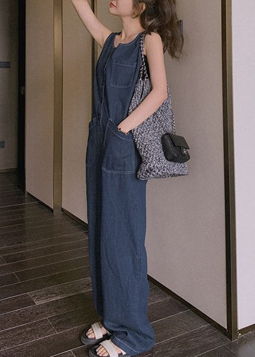 New Blue Button Pockets Denim Jumpsuit Sleeveless Xx029