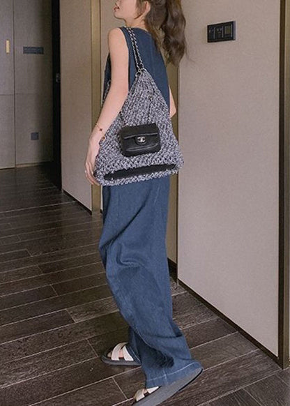 New Blue Button Pockets Denim Jumpsuit Sleeveless Xx029