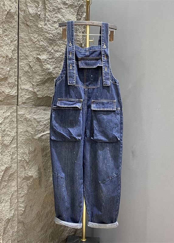 New Blue Button Pockets Denim Jumpsuits Sleeveless Kk004