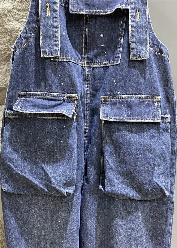 New Blue Button Pockets Denim Jumpsuits Sleeveless Kk004