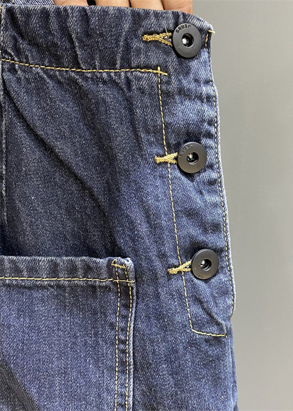 New Blue Button Pockets Denim Jumpsuits Sleeveless Kk004
