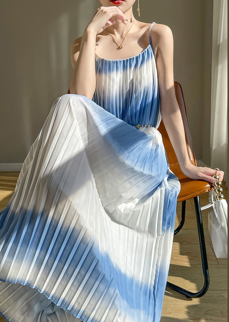 New Blue Cold Shoulder Wrinkled Cotton Long Dress Summer Ab1014