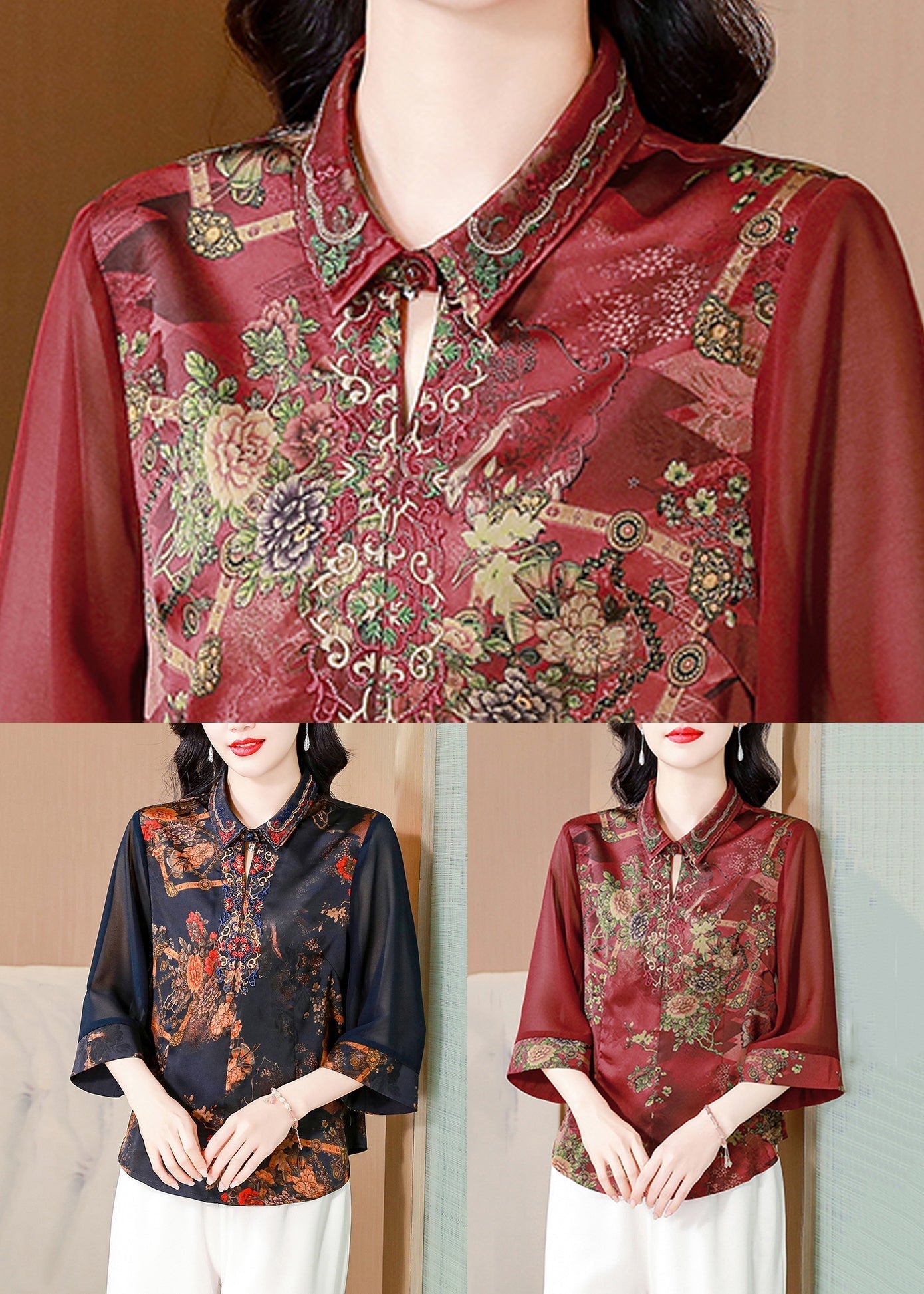 Wine Red Print Silk Blouses Peter Pan Collar Summer Op1069