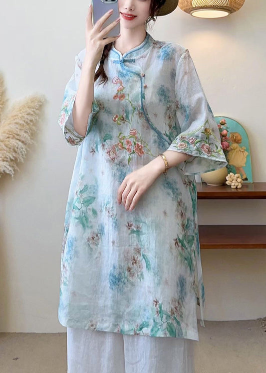 New Blue Embroidered Chinese Button Linen Blouses Half Sleeve Jh016