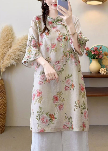 New Blue Embroidered Chinese Button Linen Blouses Half Sleeve Jh016