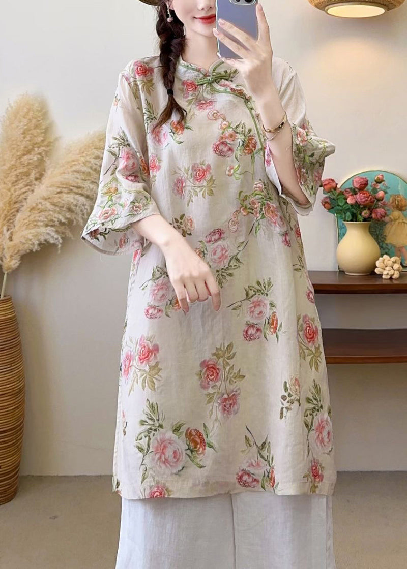 New Blue Embroidered Chinese Button Linen Blouses Half Sleeve Jh016