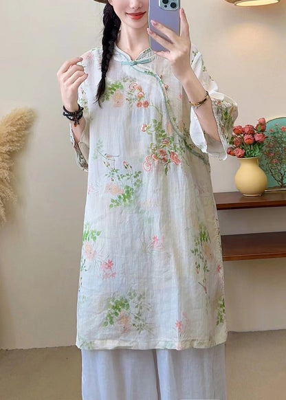 New Blue Embroidered Chinese Button Linen Blouses Half Sleeve Jh016