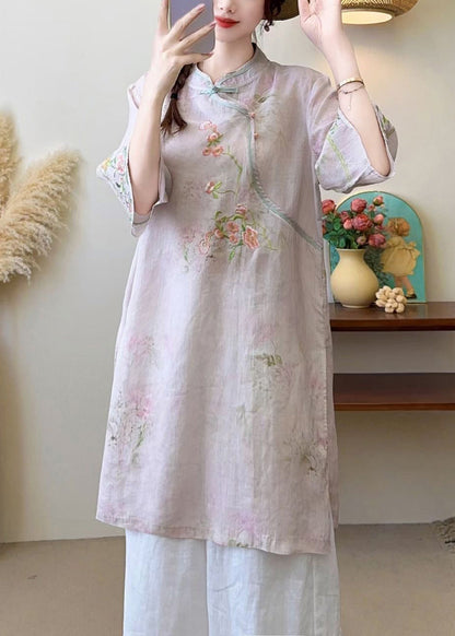 New Blue Embroidered Chinese Button Linen Blouses Half Sleeve Jh016