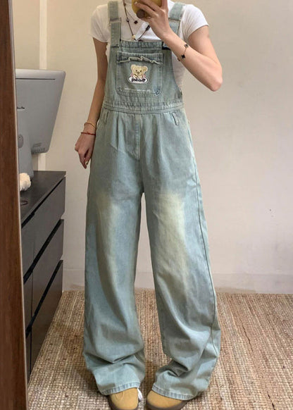 Jumpsuit Blue Pockets Embroidered Sleeveless Denim New