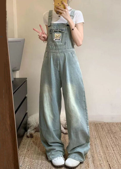 Jumpsuit Blue Pockets Embroidered Sleeveless Denim New