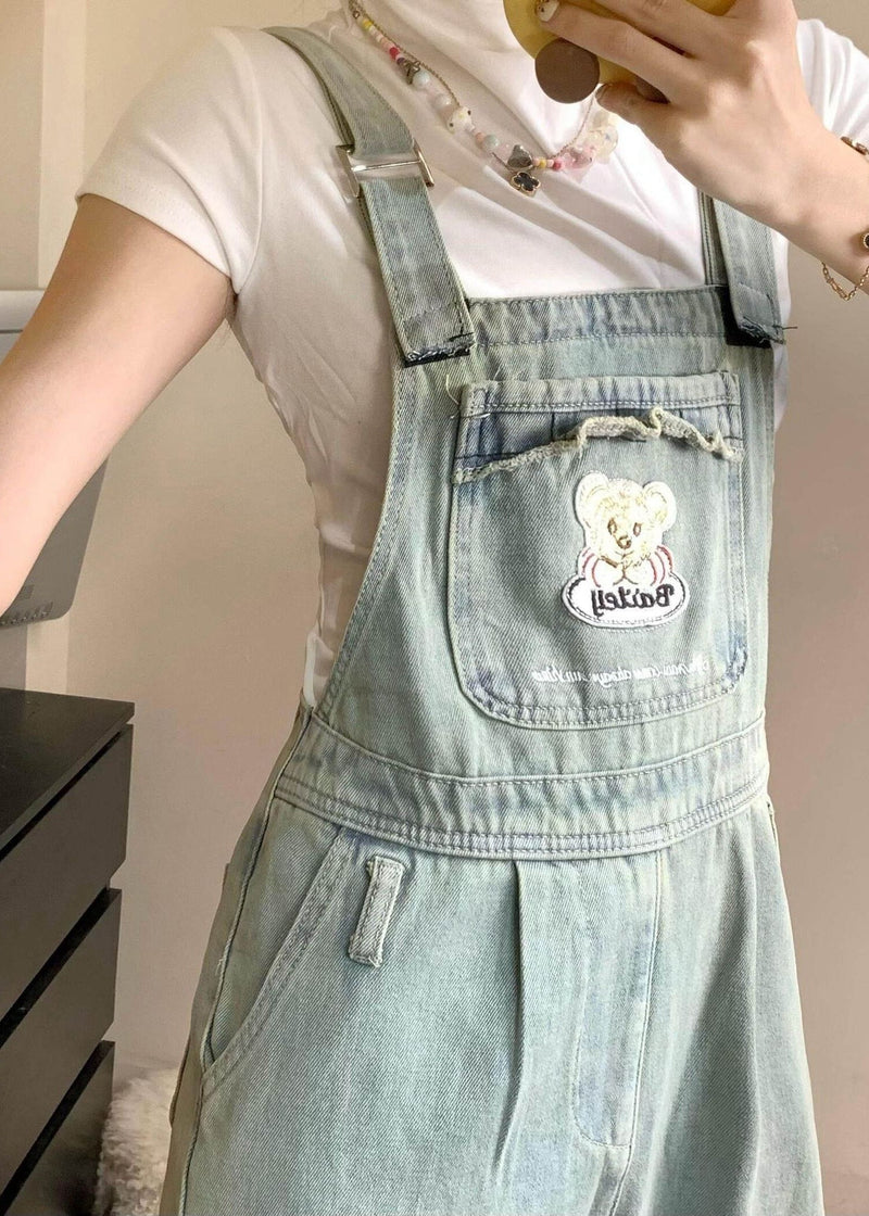 Jumpsuit Blue Pockets Embroidered Sleeveless Denim New