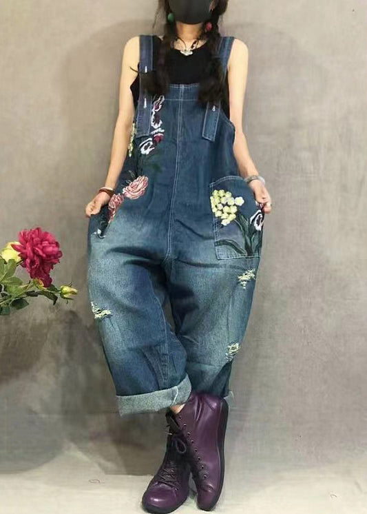 New Blue Embroidered Pockets Denim Jumpsuit Summer Mn062