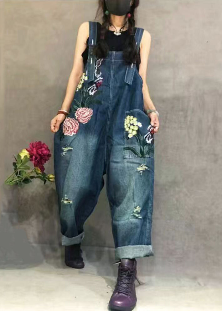 New Blue Embroidered Pockets Denim Jumpsuit Summer Mn062