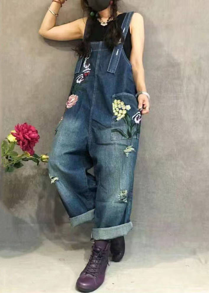 New Blue Embroidered Pockets Denim Jumpsuit Summer Mn062