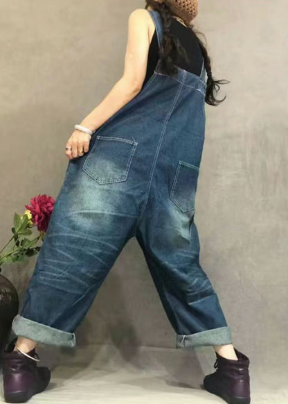 New Blue Embroidered Pockets Denim Jumpsuit Summer Mn062