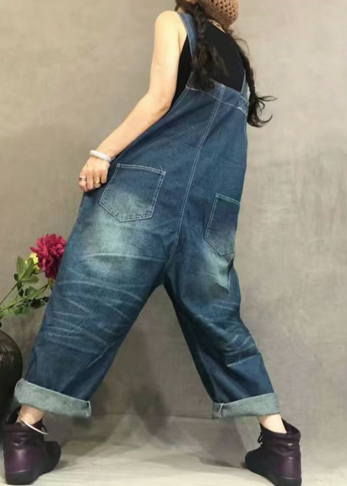 New Blue Embroidered Pockets Denim Jumpsuit Summer Mn062