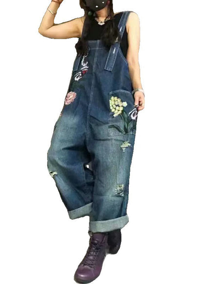 New Blue Embroidered Pockets Denim Jumpsuit Summer Mn062