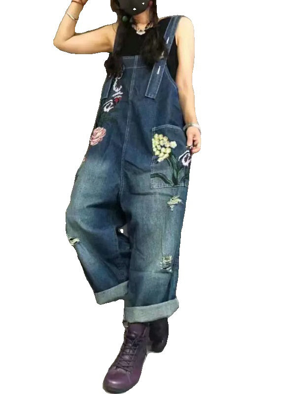 New Blue Embroidered Pockets Denim Jumpsuit Summer Mn062