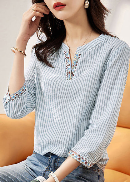 New Blue Embroidered Striped Cotton Blouses Bracelet Sleeve Th024