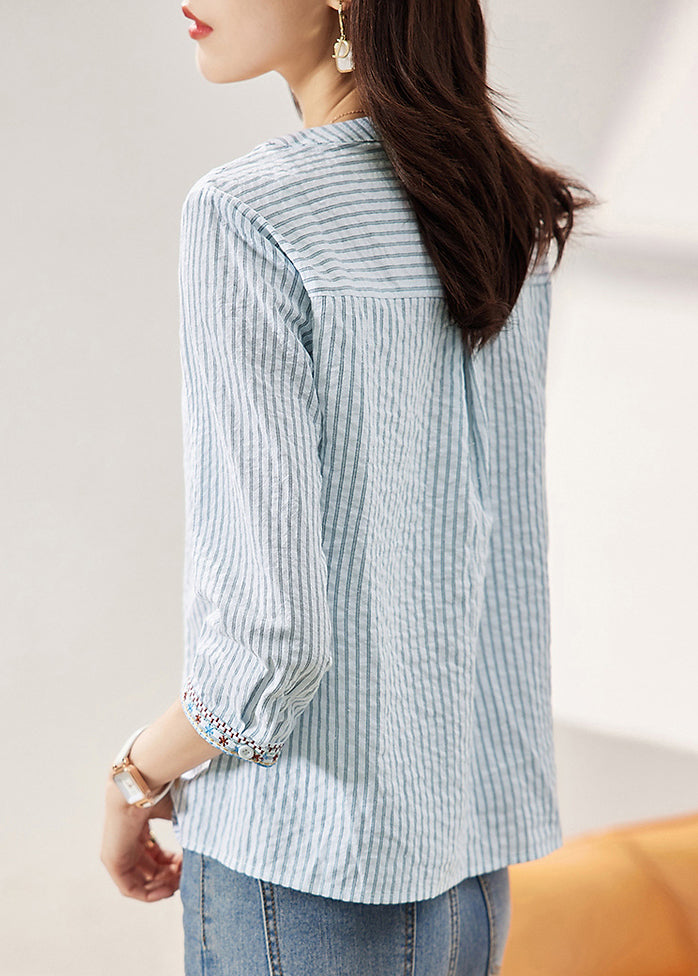 New Blue Embroidered Striped Cotton Blouses Bracelet Sleeve Th024