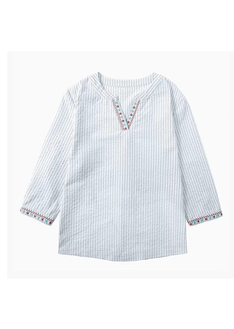 New Blue Embroidered Striped Cotton Blouses Bracelet Sleeve Th024