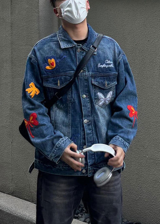 New Blue Embroideried Button Denim Coat Fall Wa025