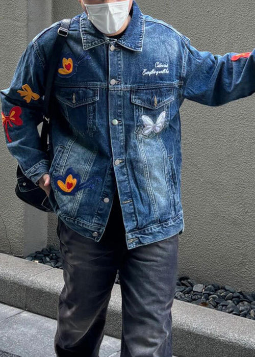 New Blue Embroideried Button Denim Coat Fall Wa025