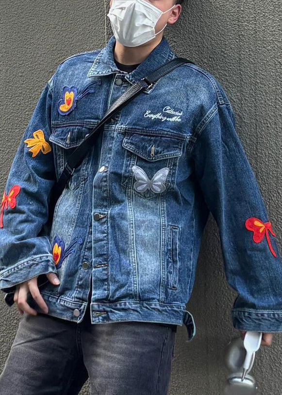 New Blue Embroideried Button Denim Coat Fall Wa025