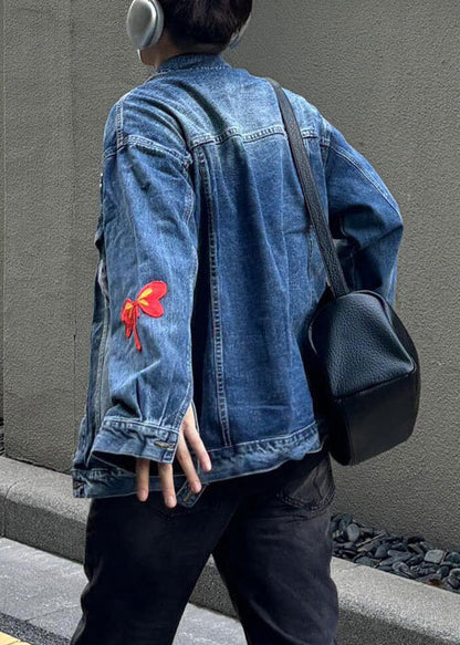 New Blue Embroideried Button Denim Coat Fall Wa025
