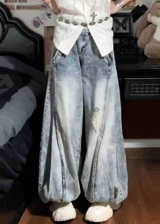 New Blue Hole Pockets High Waist Denim Lantern Pants Fall Qf054