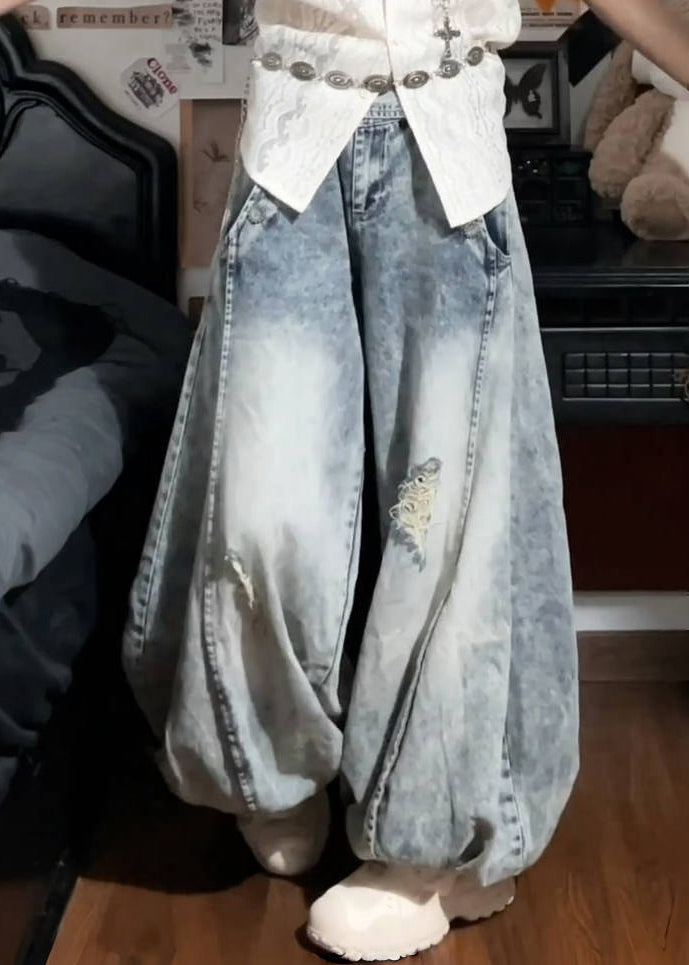 New Blue Hole Pockets High Waist Denim Lantern Pants Fall Qf054