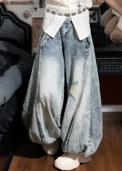 New Blue Hole Pockets High Waist Denim Lantern Pants Fall Qf054