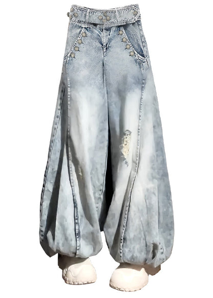 New Blue Hole Pockets High Waist Denim Lantern Pants Fall Qf054