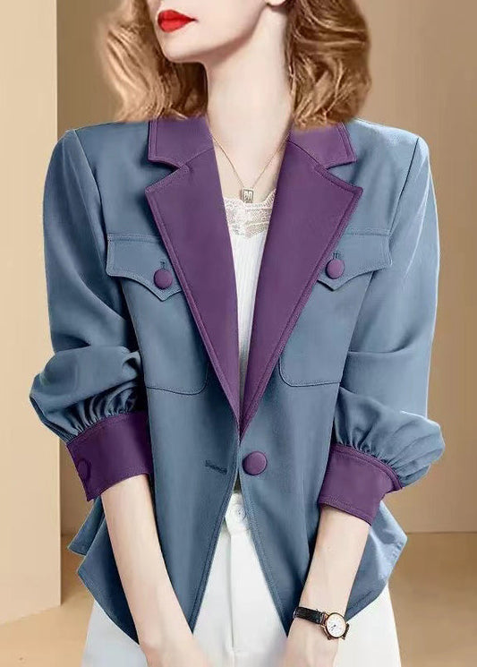 New Blue Notched Button Pockets Cotton Coats Fall Wm001