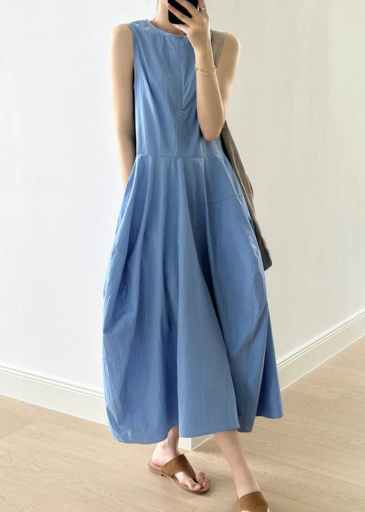 New Blue O-neck Pockets Cotton Long Dresses Sleeveless Qe009